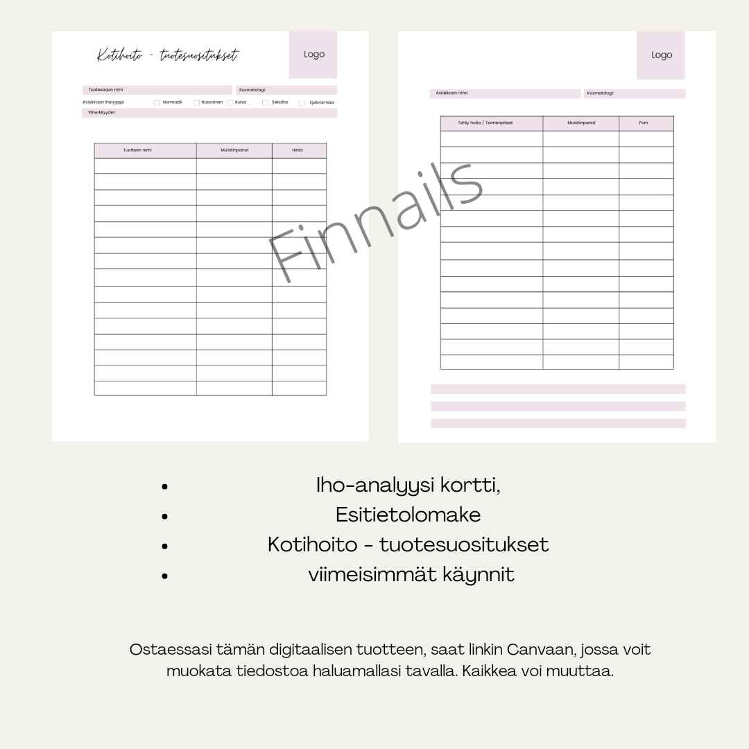 Kosmetologin kasvohoitolomakkeet, kosmetologin ihoanalyysikortti. Kosmetologin lomakkeet digitaalisena tiedostona.