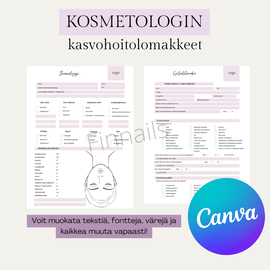 Cosmetologist facial treatment forms, skin analysis card, digital product