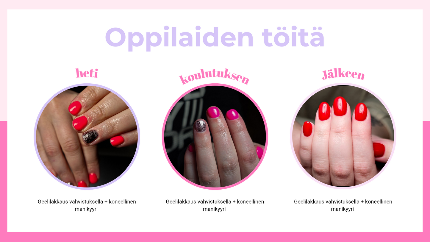 Geelilakkaus koulutus, oman kynnen vahvistus koulutus, koneellinen manikyyrikoulutus. Kynsikoulutus. Rakennekynsikoulutus Etelä-Savo